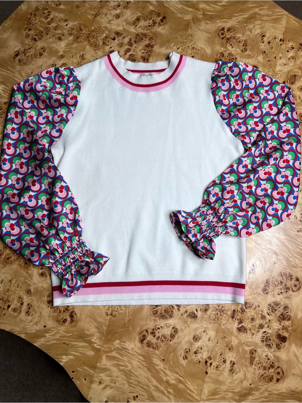 Fate White Knit Top with Pink and Red Stripe Trim